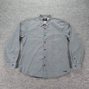 Guess Shirt Mens Large Black Gray Geometric Button Up Long Sleeve‎ Slim Fit
